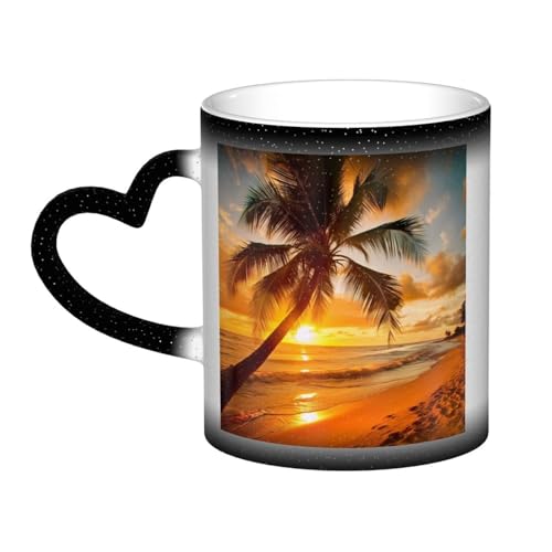 VducK Farbwechselnde Tasse, tropischer Strand, Palme, Sonnenuntergang, bedruckt, kreative Kaffeetassen, lustige Farbwechsel-Tasse, 325 ml, Keramiktasse, magische Tasse für Männer und Freunde von VducK