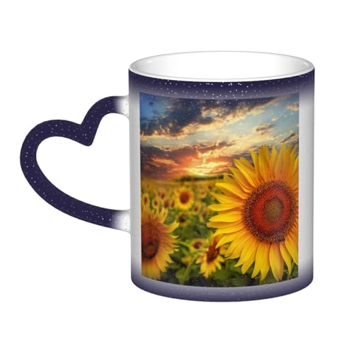VducK Tasse mit Sonnenblumen- und Sonnenuntergang, Farbwechsel, 325 ml, personalisierbar, magische Tasse, Teetasse, Keramik-Kaffeetasse, wärmeaktivierte Farbwechsel-Tasse von VducK