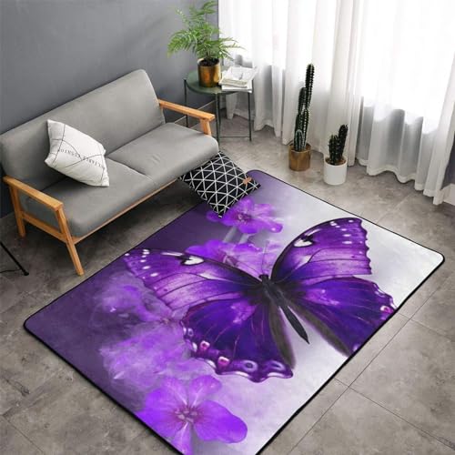 VducK Teppich für Wohnzimmer, 150 x 100 cm, violetter Schmetterlingsteppich für Schlafzimmer, waschbar, moderne Bodenteppiche, rutschfester Teppich für Wohnzimmer, Schlafzimmer, Balkon, Nachttisch von VducK
