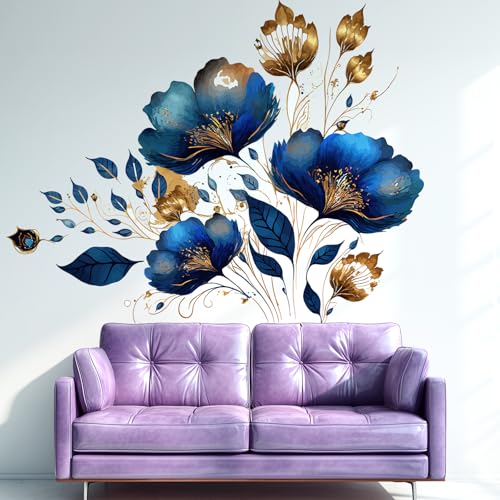 VePret Große Blaue Goldene Blumen Wandaufkleber Abziehbar & Klebefähig, Luxuriöse Florale Wandsticker, Entfernbare Vinyl Wanddekoration Für Schlafzimmer Wohnzimmer Klassenzimmer Büro VePret Große Blaue Goldene Blumen Wandaufkleber Abziehbar & Klebefähig, Luxuriöse Florale Wandsticker, Entfernbare Vinyl Wanddekoration Für Schlafzimmer Wohnzimmer Klassenzimmer Büro von VePret