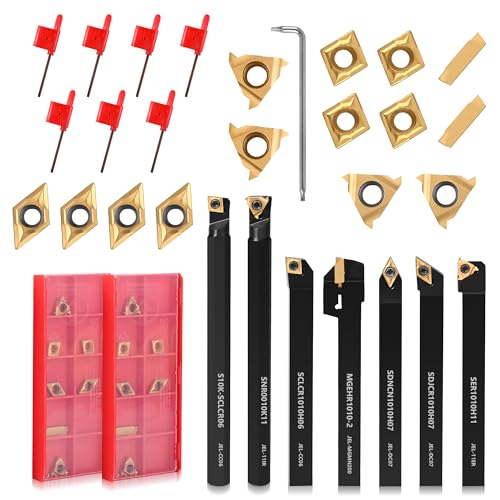VeYocilk 21 x Indexable Lathe Turning Tools Set 3/8 Inch (10 mm) Shank, 7 Pieces Metal Turning Tool Holders and 14 Pieces Carbide Inserts for Turning, Grooving, Threading, Boring Bar and Cutting Tool von VeYocilk