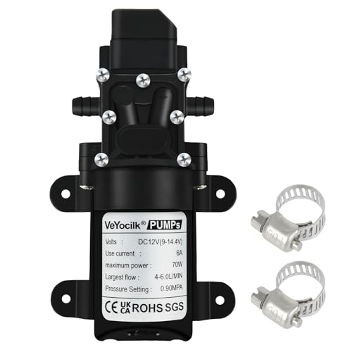 VeYocilk DC 12 V Wasserpumpe, 1 GPM 4 l/min 131 Psi selbstansaugende Membranpumpe mit Druckschalter und 2 Schlauchschellen für Wasserhahn, Wohnmobil, Küche, Bad, Wassertank von VeYocilk