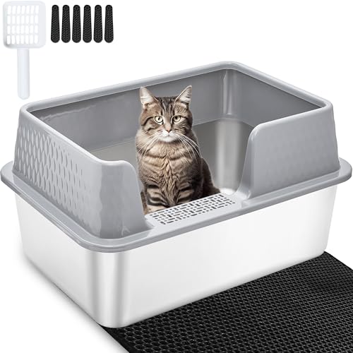 Vealind Katzenklo Edelstahl mit Deckel Groß Katzentoilette Metall Katzenklo Hoher Rand Offen Katzentoiletten Große Katzen Cat Litter Box von Vealind