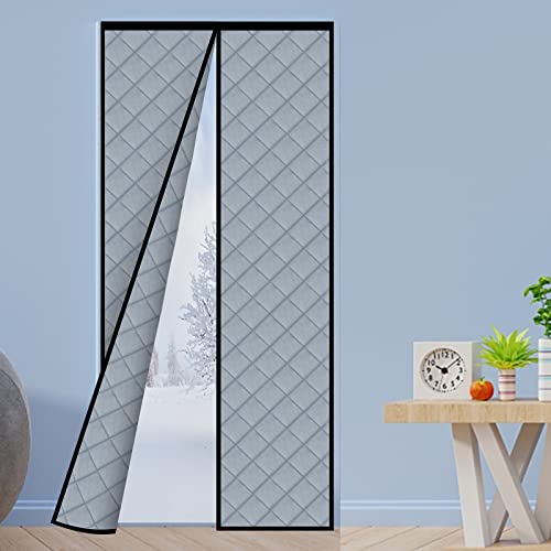 Magnetischer, wärmeisolierter Türvorhang, verdicktes PU-Material, freihändiges automatisches Schließen, langlebig, winddicht, wasserdicht, passend für Türgrößen bis zu 86 x 203 cm, Grau von Veanusiver