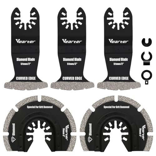 Vearter 5 Stück Diamant Multifunktionswerkzeug mit Adapter, Multitool Sägeblätter Oszillationswerkzeug für Keramikfliesen, Hohlziegel, Zement, weiche Fliesen, Mauerwerk von Vearter