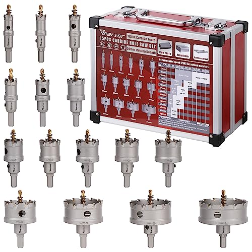 Vearter TCT Hole Saw Kit 15PCS, 16-75mm Carbide Hole Saw Set, Carbide Bits with Pilot Drill,for Stainless Steel, Hard Metals,Iron,Mild Steel,Aluminium,Alloys,Plastics and Fiberglass von Vearter