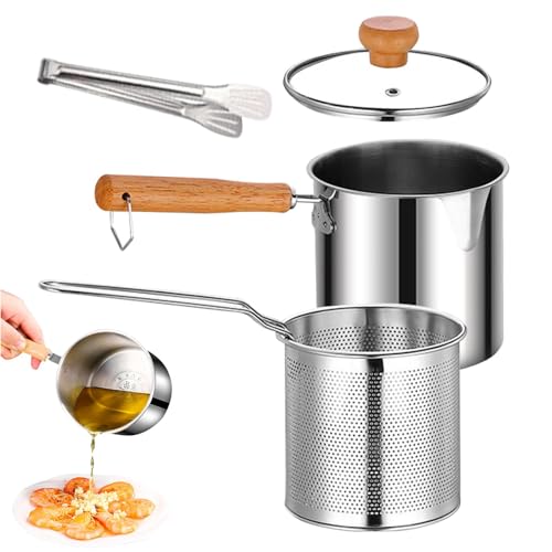 Fritteusentopf, Fritteuse aus Edelstahl, 2-in-1-Fritteuse, Ölsieb- , -Fettsparer, Fettsieb- , Fritteuse für Meeresfrüchte, Hühnerflügel, Fritteuse, Fritteuse mit Sieb von Veasbuu