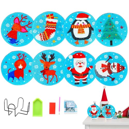 Veasbuu Gem Art Weihnachts-Untersetzer – Kristall-Punkt- -Malerei-Untersetzer mit Halter – Kristall-Zeichen-Untersetzer, Cartoon-handgefertigte Getränkematte für Weihnachtsgetränke von Veasbuu