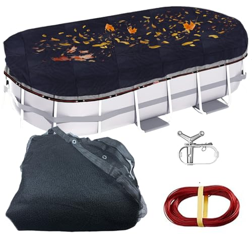 Laubkescher für ovalen oberirdischen Pool, 4,7 x 10,2 m, langlebiges schwarzes Netz-Schwimmbad-Laubnetz mit Seilwinde und Kabel für Blätter und Schmutz, reißfest, UV-beständig, Netzgröße: 22 x 38 FT von Vecacosic