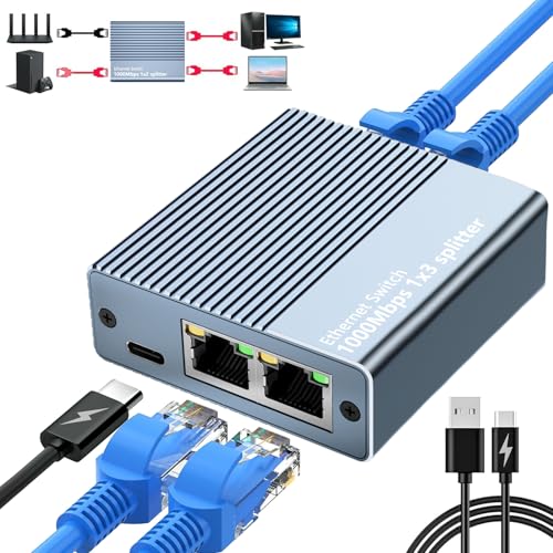 Ethernet-Splitter 1 zu 3, 1000 Mbps LAN-Splitter 1 zu 3 Internet-Splitter 1 auf 3 RJ45-Splitter mit USB-C-Stromkabel für Computer, Hub, Switch, Router, ADSL, Digital-TV usw., funktioniert gleichzeitig von Vecbmn