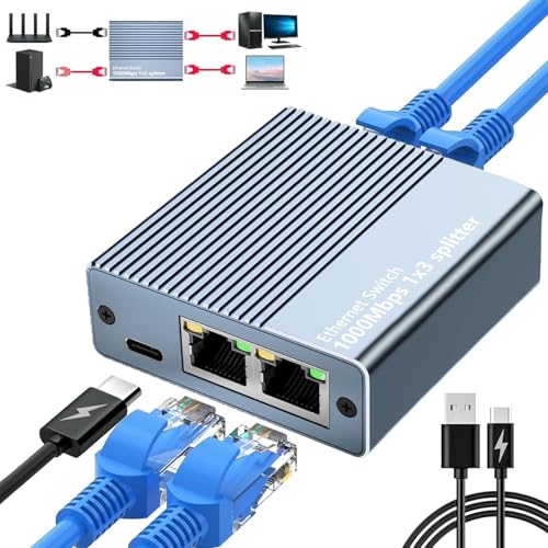 LAN Splitter 1 auf 3, LAN Verteiler 1 auf 3 Netzwerk Splitter, 1000Mbps Ethernet Splitter mit USB-C Stromkabel für Computer, Hub, Switch, Router, ADSL, Digital TV, etc. gleichzeitig Arbeiten von Vecbmn