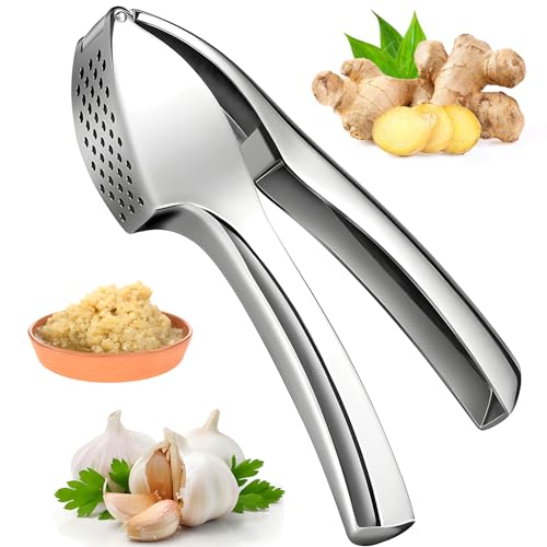 Vecibel Knoblauchpresse Edelstahl mit Wippe Griffe Würfel Premium Knoblauchschneider Garlic Press Leicht zu Reinigen Spülmaschinenfest scheiben silber von Vecibel