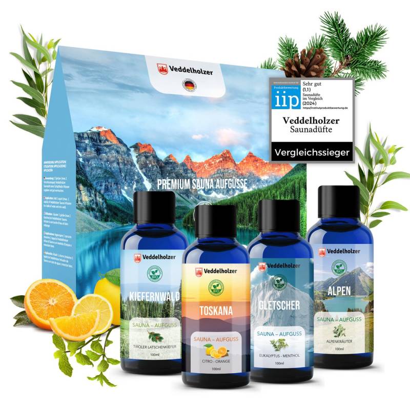 Veddelholzer Sauna-Aufgussset BIO Saunaaufguss Geschenkset Saunazubehör Aufgussmittel (4 x 100 ml verschiedene Saunaöle, 4-tlg., 100% naturreinen ätherischen Ölen) Bio Qualität als Geschenkset von Veddelholzer