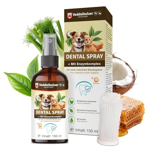 Veddelholzer 150 ml Probiotisches Dentalspray Set für Hunde & Katzen mit Fingerzahnbürste & Enzymkomplex Zahnpflege Zahnsteinentferner effektiv gegen Mundgeruch natürliche Zahnpflege als Spray von Veddelholzer