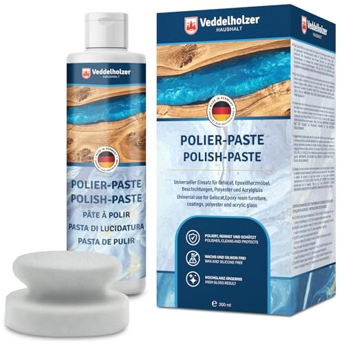 Veddelholzer 200 ml Profi Polierpaste + Polierschwamm für Epoxidharz Möbel Tisch, Acrylglas, Polyester, Gelocat sowie Glasfaser und Carbonfaserverstärkte Kunststoffe. Hochglanz Zubehör von Veddelholzer
