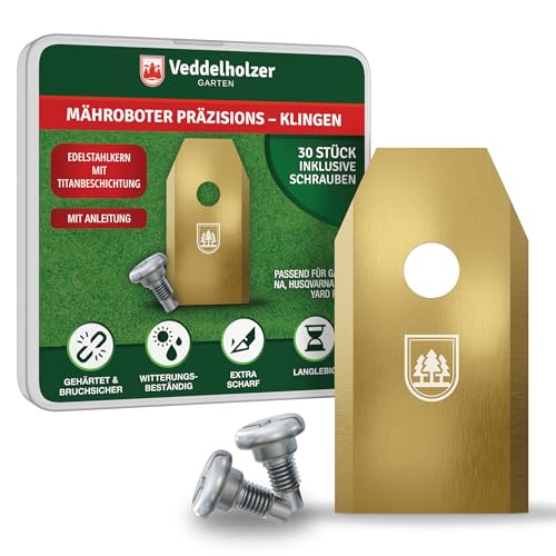 Veddelholzer 30 langlebige Mähroboter Klingen aus Edelstahl mit Titan beschichtet Mähroboter Ersatzmesser kompatibel mit Gardena, Husqvarna, Yardforce uvm. Inklusive Schrauben alles in einem Set von Veddelholzer