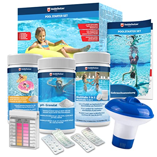 Veddelholzer 5 in 1 Pool Reinigungsset-Poolreiniger, Tester pH, pH Minus Granulat, Chlortabletten für Pool 20g, Chlorgranulat, Skimmer zur Poolpflege mit Anleitung Perfekte Pool & Whirpool Reinigung von Veddelholzer