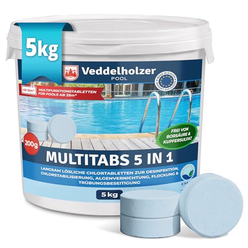 Veddelholzer 5 kg Multitabs 5 in 1 Chlortabletten für Pool als 200g Tabletten für große Pools ab 25m³ Pool Zubehör langsam lösliche, langzeit Chlor Tabletten für Whirlpool & Pool Combi langzeit tabs von Veddelholzer