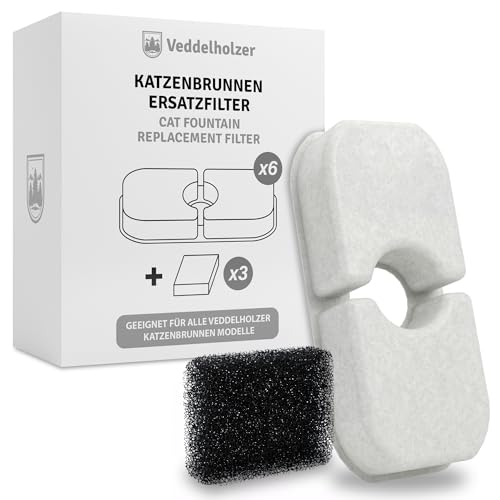 Veddelholzer 6 Stück Katzenbrunnen Filter + 3 Stück Ersatz Schwamm - Original Filter für alle Veddelholzer Katzenbrunnen Modelle 4 Fach Filtration für sauberes Wasser von Veddelholzer