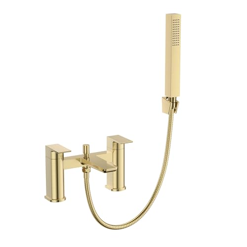 VeeBath Lagoon Soft Square Bath Shower Mixer - Brushed Brass Finish with Square Showerhead, Dual Lever Control, G3/10.2 cm BSP Inlet, Deck Mounted Bathroom Taps with Shower VeeBath Lagoon Soft Square Bath Shower Mixer - Brushed Brass Finish with Square Showerhead, Dual Lever Control, G3/10.2 cm BSP Inlet, Deck Mounted Bathroom Taps with Shower von VeeBath