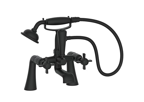 VeeBath Ripple Traditionelle Telefon Badewanne Dusche Mischbatterie mit Kit - Mattschwarzes Finish, Doppelhebelsteuerung, G3/4 Zoll Einlass, Badewannenarmatur mit Duschaufsatz, viktorianischer Stil von VeeBath