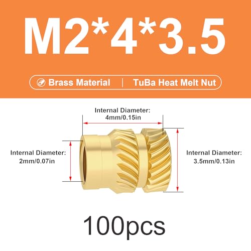 ruthex M3 Threaded Insert, Pack of 100 RX-M3x5.7 Lead-Free Threaded Bushings Made of Brass, Sturdy Insert Nut for Plastic Parts, Heat Insertion in 3D Printed Plastic Parts (M2x4x3.5-100pcs) von Veekaft