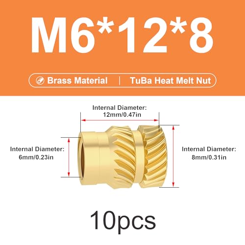 ruthex M3 Threaded Insert, Pack of 100 RX-M3x5.7 Lead-Free Threaded Bushings Made of Brass, Sturdy Insert Nut for Plastic Parts, Heat Insertion in 3D Printed Plastic Parts (M6x12x8-20pcs) von Veekaft