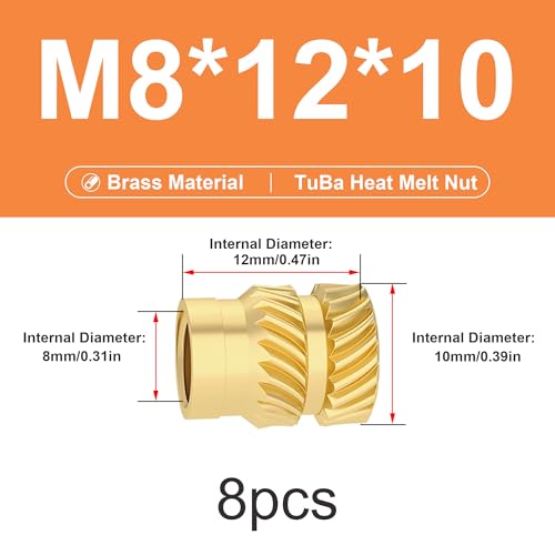 ruthex M3 Threaded Insert, Pack of 100 RX-M3x5.7 Lead-Free Threaded Bushings Made of Brass, Sturdy Insert Nut for Plastic Parts, Heat Insertion in 3D Printed Plastic Parts (M8x12x10-10pcs) von Veekaft