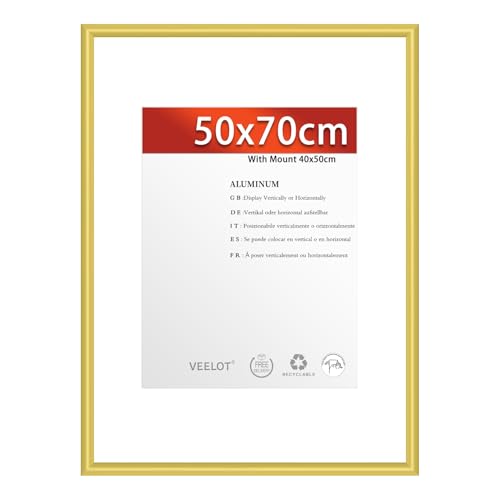 Veelot® 1x Bilderrahmen 50x70cm | Metall Aluminium,Gold mat | Passepartout 40x50cm,Picture Frame 50x70 Bilderrahmen mit bruchsicherem Acrylglas | Nur zur Wandmontage von Veelot