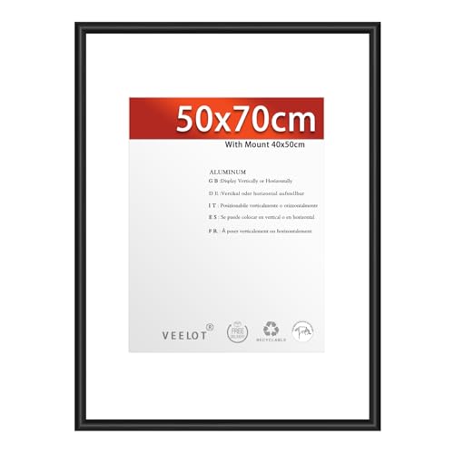 Veelot® 1x Bilderrahmen 50x70cm | Metall Aluminium,Schwarz mat | Passepartout 40x50cm,Picture Frame 50x70 Bilderrahmen mit bruchsicherem Acrylglas | Nur zur Wandmontage von Veelot