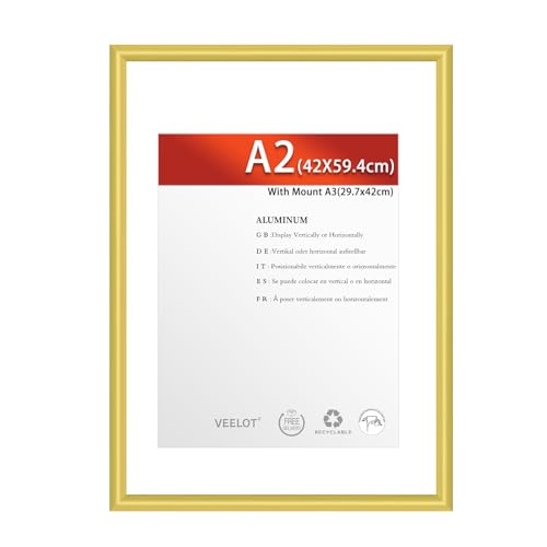 Veelot® 1x Bilderrahmen A2 42x59.4cm | Metall Aluminium,Gold mat,Passepartout 30X42cm,Picture Frame 42x60cm mit bruchsicherem Acrylglas | Nur zur Wandmontage von Veelot