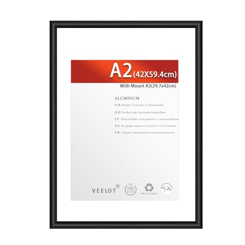 Veelot® 1x Bilderrahmen A2 42x59.4cm | Metall Aluminium,Schwarz mat,Passepartout 30X42cm,Picture Frame 42x60cm mit bruchsicherem Acrylglas | Nur zur Wandmontage von Veelot