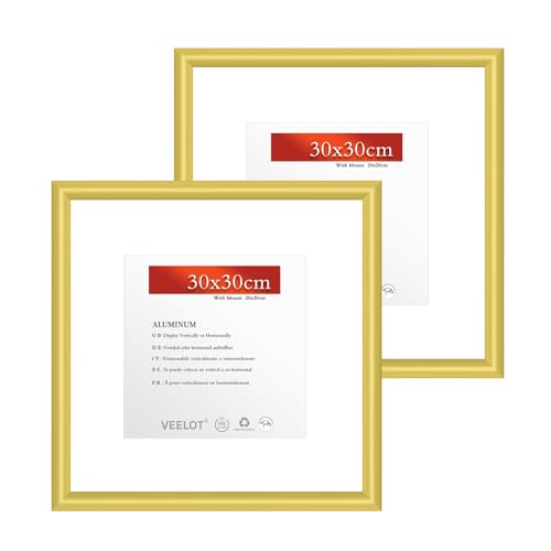 Veelot® 2x Bilderrahmen 30x30cm | Metall Aluminium,Gold mat,Passepartout 20X20cm,Picture Frame 30x30 Quadratischer Bilderrahmen mit bruchsicherem Acrylglas | Nur zur Wandmontage von Veelot