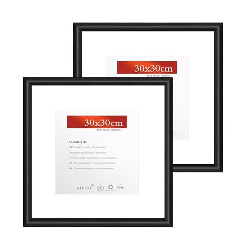 Veelot® 2x Bilderrahmen 30x30cm | Metall Aluminium,Schwarz mat,Passepartout 20X20cm,Picture Frame 30x30 Quadratischer Bilderrahmen mit bruchsicherem Acrylglas | Nur zur Wandmontage von Veelot