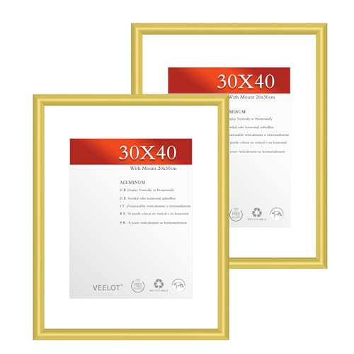 Veelot® 2x Bilderrahmen 30x40cm | Metall Aluminium,Gold mat | Passepartout 20x30cm,Picture Frame 30x40 Bilderrahmen mit bruchsicherem Acrylglas | Nur zur Wandmontage von Veelot