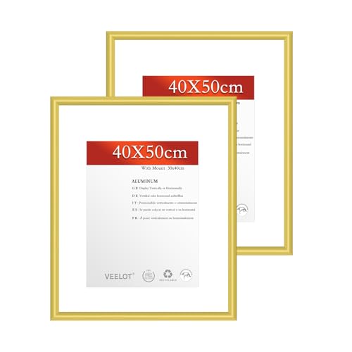 Veelot® 2x Bilderrahmen 40x50cm | Metall Aluminium,Gold mat | Passepartout 30x40cm,Picture Frame 40x50 Bilderrahmen mit bruchsicherem Acrylglas | Nur zur Wandmontage von Veelot