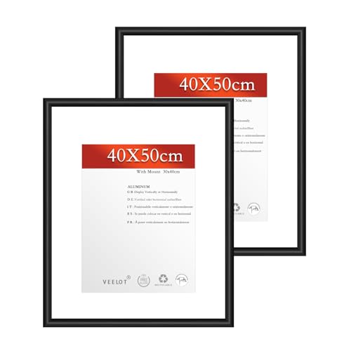 Veelot® 2x Bilderrahmen 40x50cm | Metall Aluminium,Schwarz mat | Passepartout 30x40cm,Picture Frame 40x50 Bilderrahmen mit bruchsicherem Acrylglas | Nur zur Wandmontage von Veelot