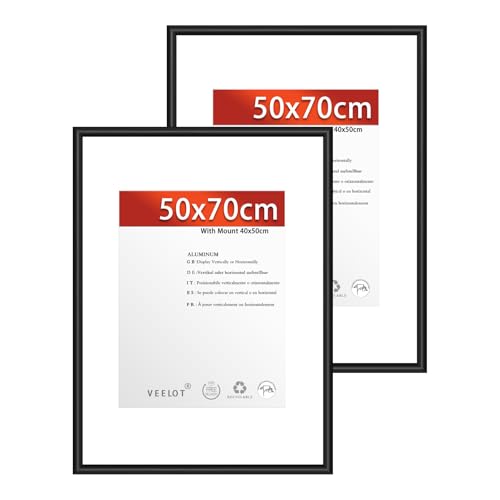 Veelot® 2x Bilderrahmen 50x70cm | Metall Aluminium,Schwarz mat | Passepartout 40x50cm,Picture Frame 50x70 Bilderrahmen mit bruchsicherem Acrylglas | Nur zur Wandmontage von Veelot