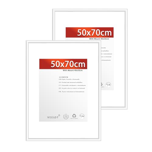 Veelot® 2x Bilderrahmen 50x70cm | Metall Aluminium,Silber mat | Passepartout 40x50cm,Picture Frame 50x70 Bilderrahmen mit bruchsicherem Acrylglas | Nur zur Wandmontage von Veelot