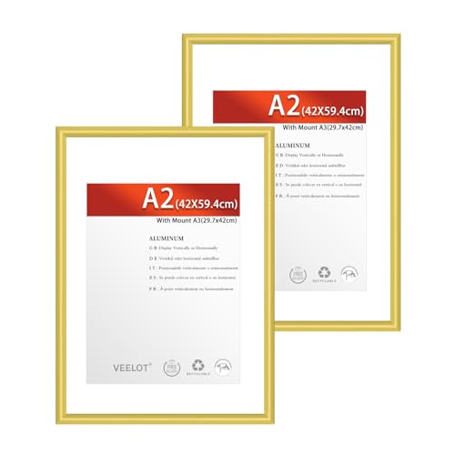 Veelot® 2x Bilderrahmen A2 42x59.4cm | Metall Aluminium,Gold mat,Passepartout 30X42cm,Picture Frame 42x60cm mit bruchsicherem Acrylglas | Nur zur Wandmontage von Veelot
