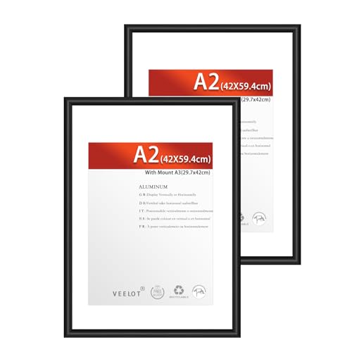 Veelot® 2x Bilderrahmen A2 42x59.4cm | Metall Aluminium,Schwarz mat,Passepartout 30X42cm,Picture Frame 42x60cm mit bruchsicherem Acrylglas | Nur zur Wandmontage von Veelot