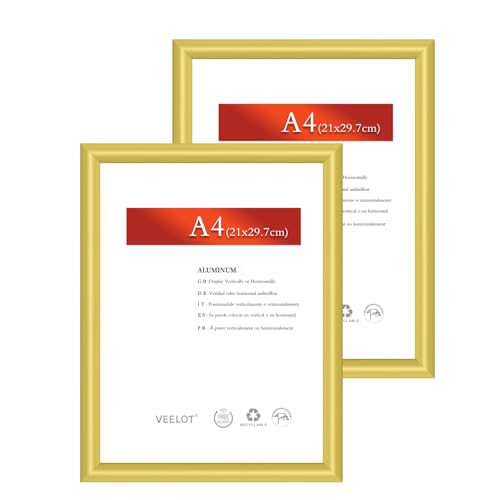 Veelot® 2x Bilderrahmen DIN A4 21x29,7cm | Metall Aluminium,Gold mat,Zertifikatsrahmen 21x30cm mit bruchsicherem Acrylglas | Hoch- & Querformat zur Wandmontage,schmales Profil von Veelot