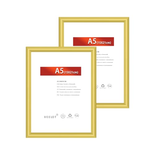 Veelot® 2x Bilderrahmen DIN A5 14,8x21cm | Metall Aluminium,Gold mat,Zertifikatsrahmen 15x21cm mit bruchsicherem Acrylglas | Zur Wandmontage oder Tischmontage von Veelot