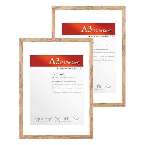 Veelot® 3x Bilderrahmen DIN A3 29.7x42cm,Natur Holz Eiche,Passepartout 21x30cm,Zertifikatsrahmen 30x42cm mit bruchsicherem Acrylglas | Holzbilderrahmen Poster Echtholz von Veelot