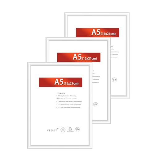 Veelot® 3x Bilderrahmen DIN A5 14,8x21cm | Metall Aluminium,Silber mat,Zertifikatsrahmen 15x21cm mit bruchsicherem Acrylglas | Zur Wandmontage oder Tischmontage von Veelot