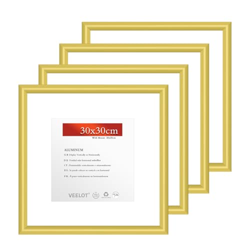 Veelot® 4x Bilderrahmen 30x30cm | Metall Aluminium,Gold mat,Passepartout 20X20cm,Picture Frame 30x30 Quadratischer Bilderrahmen mit bruchsicherem Acrylglas | Nur zur Wandmontage von Veelot