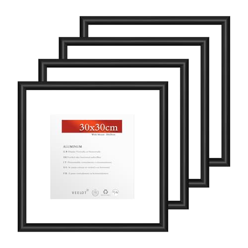 Veelot® 4x Bilderrahmen 30x30cm | Metall Aluminium,Schwarz mat,Passepartout 20X20cm,Picture Frame 30x30 Quadratischer Bilderrahmen mit bruchsicherem Acrylglas | Nur zur Wandmontage von Veelot