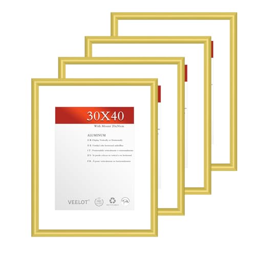 Veelot® 4x Bilderrahmen 30x40cm | Metall Aluminium,Gold mat | Passepartout 20x30cm,Picture Frame 30x40 Bilderrahmen mit bruchsicherem Acrylglas | Nur zur Wandmontage von Veelot