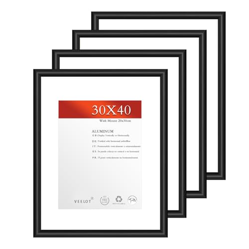 Veelot® 4x Bilderrahmen 30x40cm | Metall Aluminium,Schwarz mat | Passepartout 20x30cm,Picture Frame 30x40 Bilderrahmen mit bruchsicherem Acrylglas | Nur zur Wandmontage von Veelot