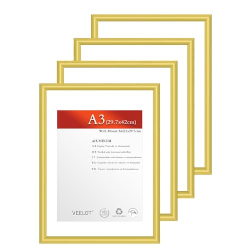 Veelot® 4x Bilderrahmen DIN A3 29.7x42cm | Metall Aluminium,Gold mat,Zertifikatsrahmen 30x42cm mit bruchsicherem Acrylglas | Hoch- & Querformat zur Wandmontage,schmales Profi von Veelot